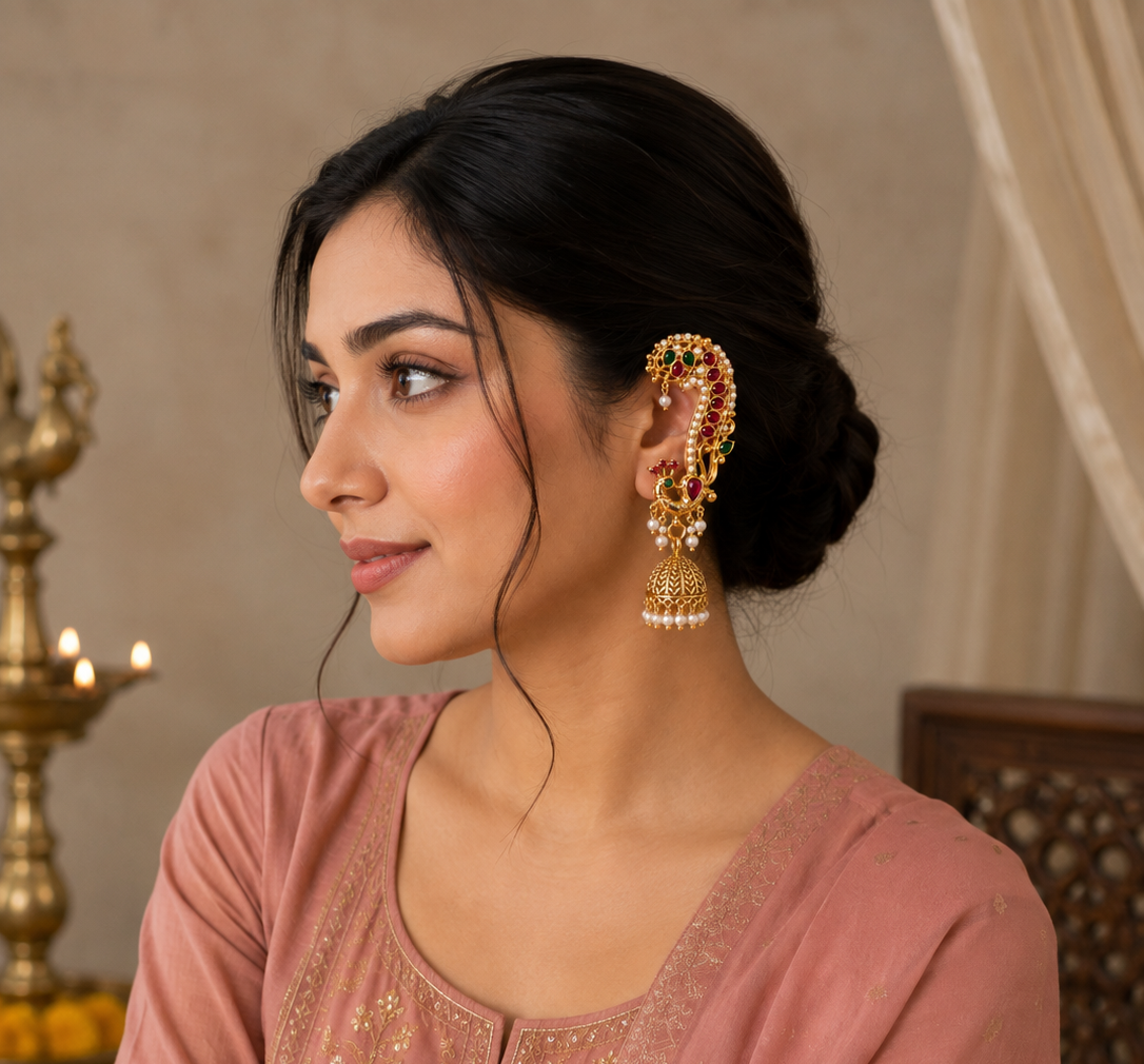 A woman in a dusty pink traditional outfit wearing an ornate gold-toned traditional Indian ear cuff (Loha Kaanda) decorated with red and green stones and white pearls, shown in a warm, softly lit indoor setting.