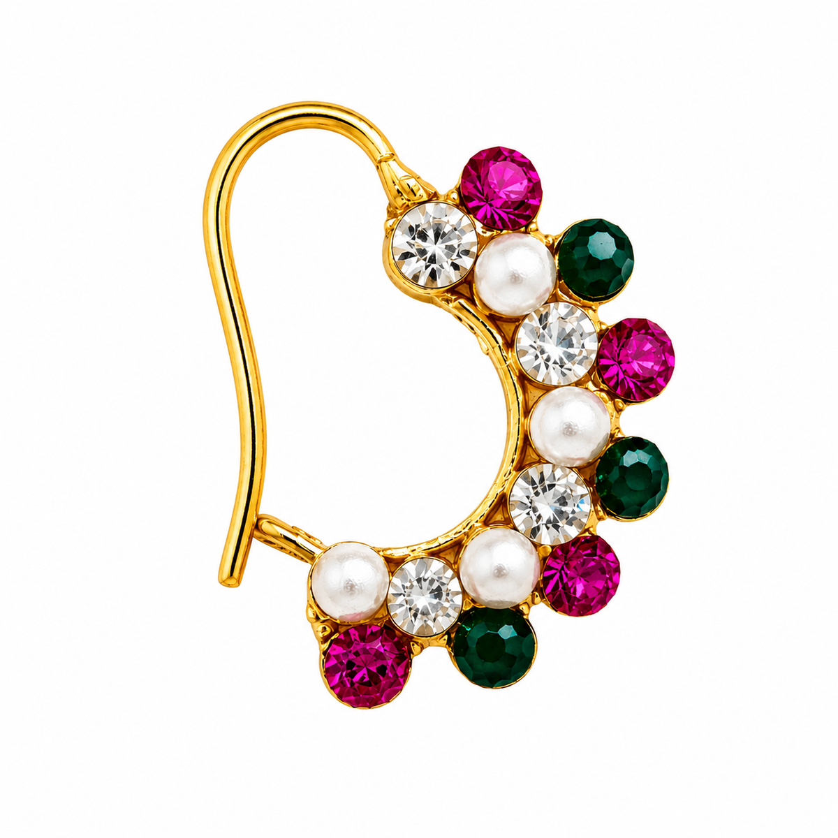 A gold crescent-shaped nose ring featuring a row of round gemstones in pink, green, white, and clear, set against a plain white background.