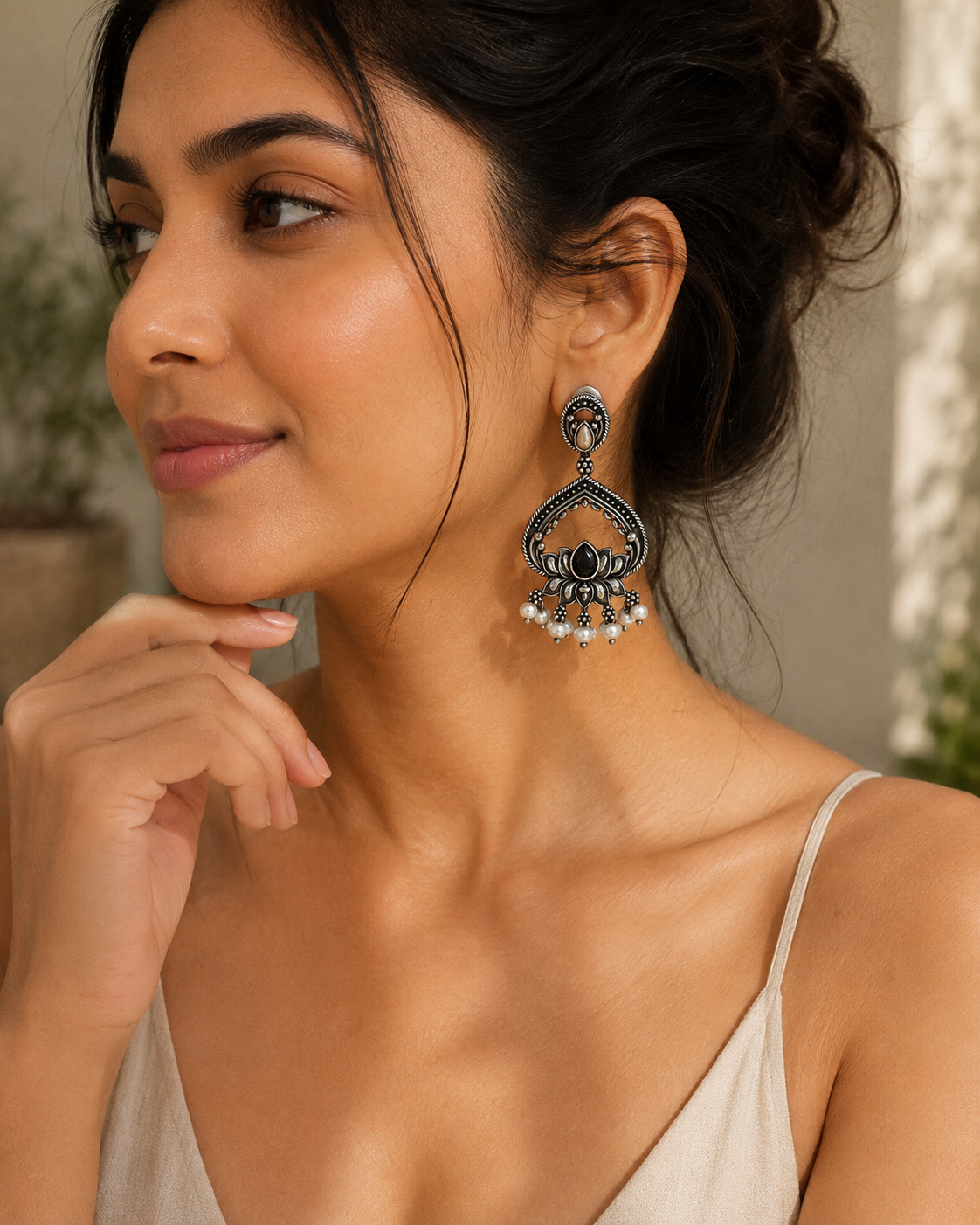 A woman wearing a large ornate silver-toned jhumka earring with black detailing and small white bead accents, shown in a close-up portrait.