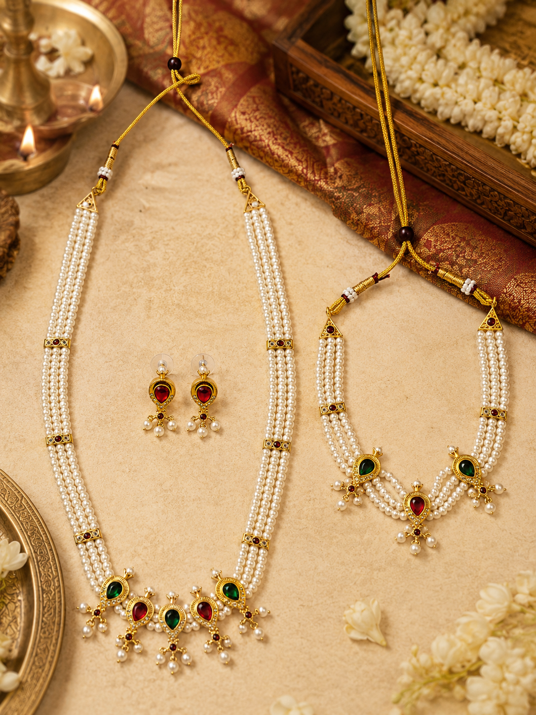 A traditional Indian jewelry set featuring a pearl necklace, matching earrings, and a pearl bracelet with gold-plated details, red and green stones, and white floral decorations, arranged on a beige textured surface with traditional props.