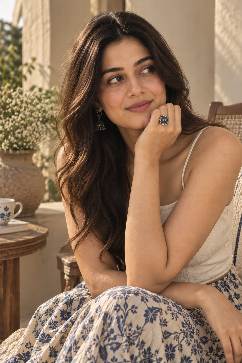 A woman with long wavy brown hair sits in a sunlit indoor setting, wearing a cream spaghetti-strap top and a cream skirt with a blue floral print. She is resting her head on her hand, wearing a large blue ring and dangling earrings.